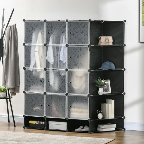 Tee-se-itse vaatekaappihyllyjärjestelmä, jossa 16 lokeroa ja 2 sauvaa Tee-se-itse kuutiohyllyt vaatteiden kenkien säilytysteline Musta 145 x 46 x 162