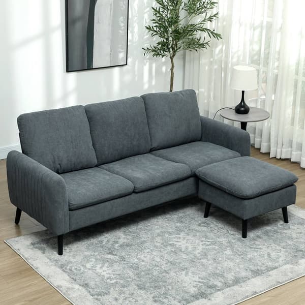 Hörnsoffa med sovfunktion, soffa med fotpall, 3 kuddar, hörnsoffa, L-formad soffa för vardagsrum, sovrum, 196 x 140 x 88 cm, grå