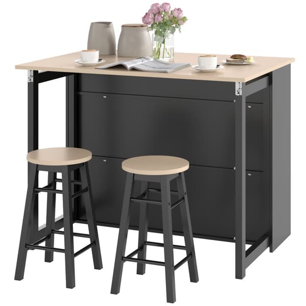Barbord med barstolsett, 3-delt barbordsett, spisebord med sammenleggbar bordplate, kjøkkenbord med skap, spisegruppe for spisestue, stue, sort Aosom