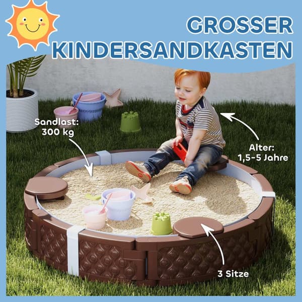 Sandkasse, sandkasse sandkasse med 3 sæder, vandtæt bund, vejrbestandig beskyttende presenning, til 1,5-5 år børn mørkebrun