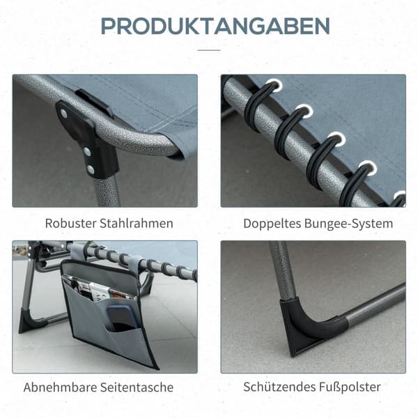 Solseng, sammenleggbar hageseng med pute, sidelomme, fluktstol med 5-veis justerbar rygg, værbestandig campingseng kan holde opptil 130 kg, for hage,