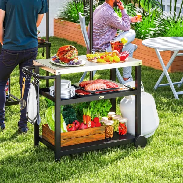 Grillivaunu 3-kerroksinen tarjoiluvaunu työtasohyllyillä koukkupyörät, ruostumattomasta teräksestä valmistetut BBQ-grillipöytä, grillisivupöytä, ulkov