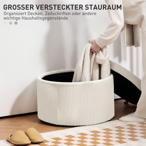 Pall med förvaringsutrymme pall med lock, rund ottomanska fotpall med sladdlook för vardagsrum, sovrum 60 x 60 x 41 cm beige Aosom
