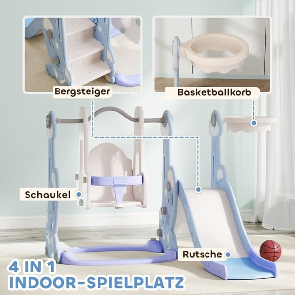 Slide 4-i-1 barnesklie med huske, basketballkurv, klatrestativ, småbarnssklie med rakettdesign lekeplass for innendørs og utendørs 1,5-4 år barn lyseb