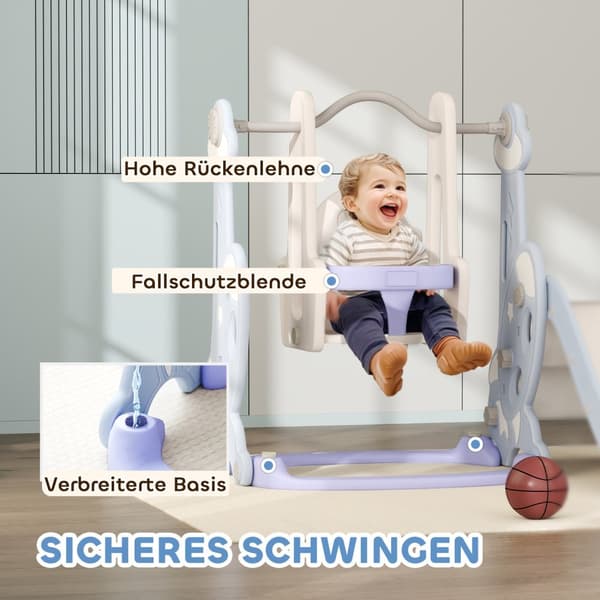 Slide 4-i-1 barnesklie med huske, basketballkurv, klatrestativ, småbarnssklie med rakettdesign lekeplass for innendørs og utendørs 1,5-4 år barn lyseb