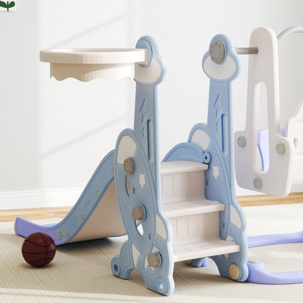 Slide 4-i-1 barnesklie med huske, basketballkurv, klatrestativ, småbarnssklie med rakettdesign lekeplass for innendørs og utendørs 1,5-4 år barn lyseb