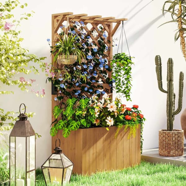 Høybed plantekasse med espaliertak espalier plantepotte blomsterkasse tre, hagespalier 64 x 33 x 122cm for hage balkong terrasse, blomsterpotte for kl