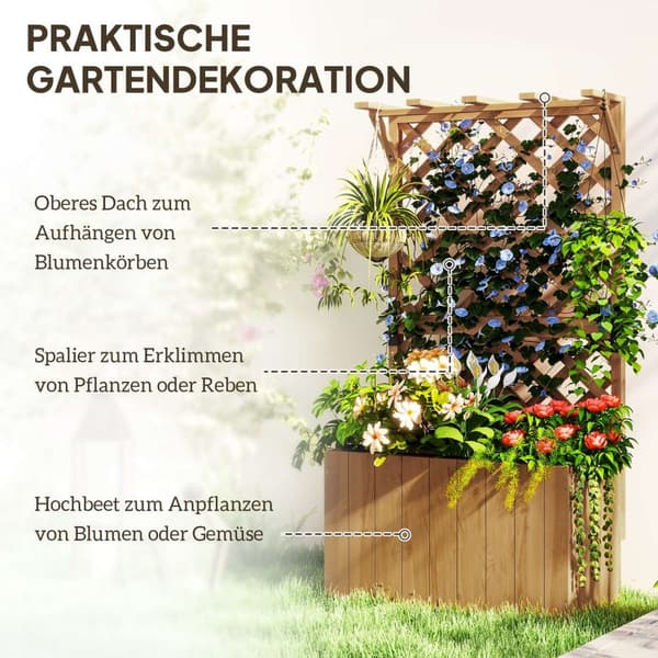 Høybed plantekasse med espaliertak espalier plantepotte blomsterkasse tre, hagespalier 64 x 33 x 122cm for hage balkong terrasse, blomsterpotte for kl