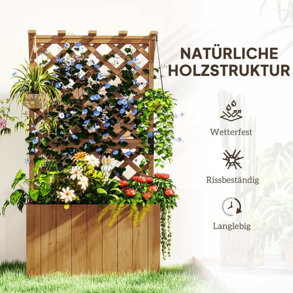 Høybed plantekasse med espaliertak espalier plantepotte blomsterkasse tre, hagespalier 64 x 33 x 122cm for hage balkong terrasse, blomsterpotte for kl