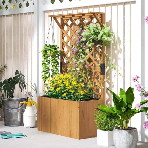 Høybed plantekasse med espaliertak espalier plantepotte blomsterkasse tre, hagespalier 64 x 33 x 122cm for hage balkong terrasse, blomsterpotte for kl