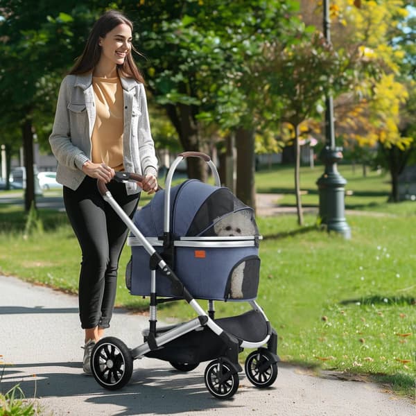 Hundevogn 3 i 1 hundevogn sammenleggbar for hunder og katter opptil 10 kg kattevogn med pute koppholder mesh vinduer dører oppbevaringskurv kattevogn