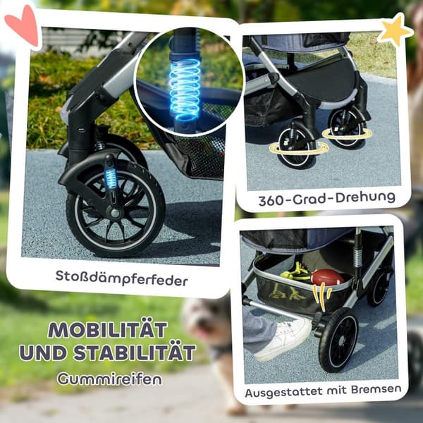 Hundevogn 3 i 1 hundevogn sammenleggbar for hunder og katter opptil 10 kg kattevogn med pute koppholder mesh vinduer dører oppbevaringskurv kattevogn