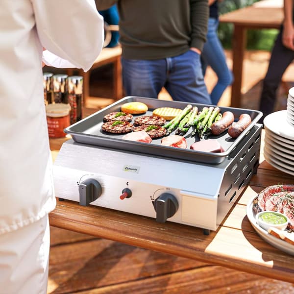 Gassgrill 8000BTU/2,4 KW grillvogn inkludert 2 brennere i rustfritt stål trykkreduserende gasslange justerbar kokeplate, BBQ hagegrill for balkong, ca