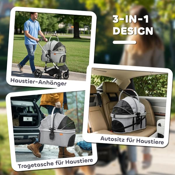 Hundevogn 3 i 1 hundevogn sammenleggbar for hunder og katter opp til 10 kg kattevogn med pute koppholder mesh vinduer dører oppbevaringskurv kattevogn