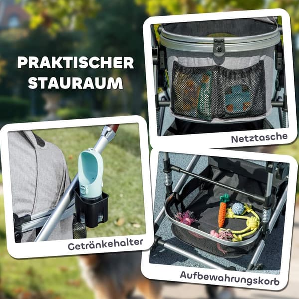 Hundevogn 3 i 1 hundevogn sammenleggbar for hunder og katter opp til 10 kg kattevogn med pute koppholder mesh vinduer dører oppbevaringskurv kattevogn