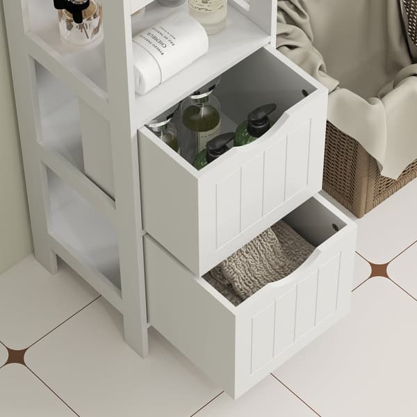 Smalt badeværelsesskab, højt toiletskab med 2 skuffer og 3 åbne rum, badeværelsesskab til små rum badeværelse, stue 30 x 30 x 141,2 cm hvid Aosom
