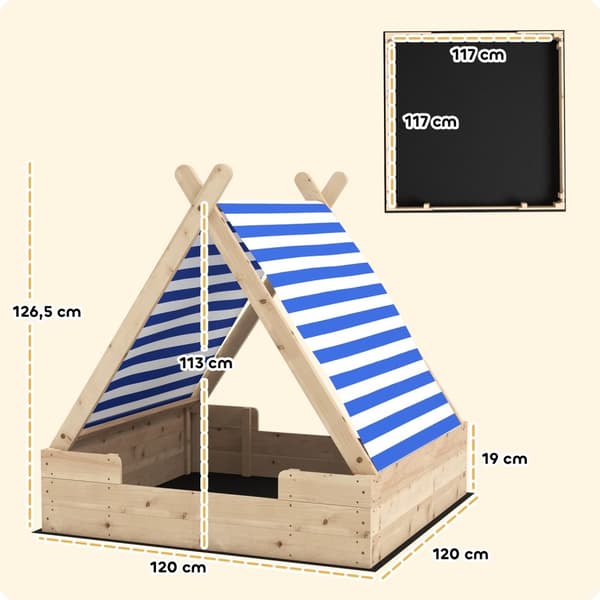 Hiekkalaatikko telttakatolla, 120 x 120 cm puinen hiekkalaatikko hiekkalaatikko pohjalevyllä, irrotettava katto 3-6 vuotiaille lapsille luonto Aosom