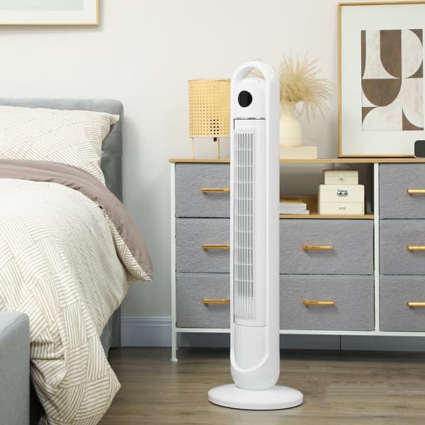 Tårnvifte, pidestallvifte med 3 ventilasjonsnivåer, fjernkontroll, 55W vifte med 24H timer, LCD-display, 70° oscillasjon, for soverom, hvit
