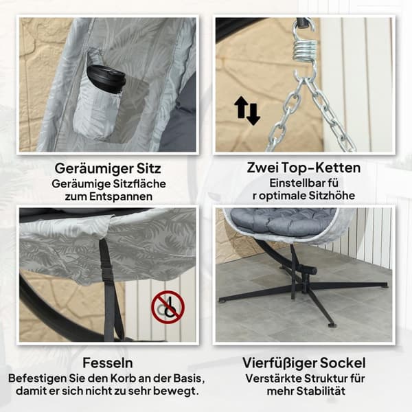 Eggformet hengestol for utendørs bruk, sammenleggbar hengehuske med ramme, sitteputer, hengekøye for 1 person, huskestol innendørs utendørs, uteplass,