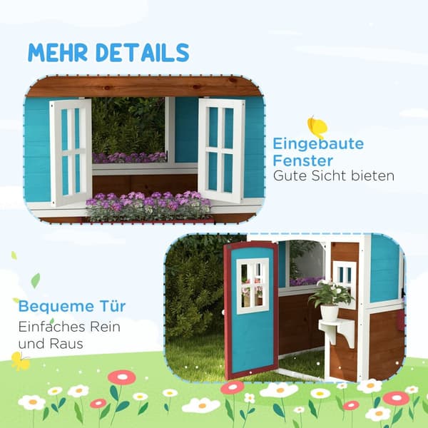 Lekehus i tre, utendørs lekehus med vindu, blomsterhylle, plantekasse og dør, hagehus for barn 3-8 år, mørkebrun