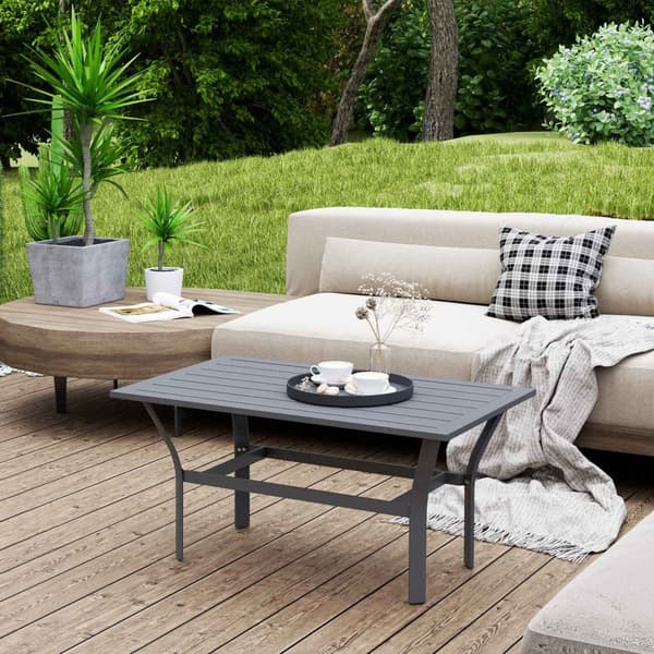 Sidebord metall balkongbord med lamelldesign værbestandig salongbord hagebord lettstelt sofabord utebord til balkong hageterrasse veranda 91,5 x 55 x