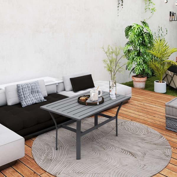 Sidebord metall balkongbord med lamelldesign værbestandig salongbord hagebord lettstelt sofabord utebord til balkong hageterrasse veranda 91,5 x 55 x