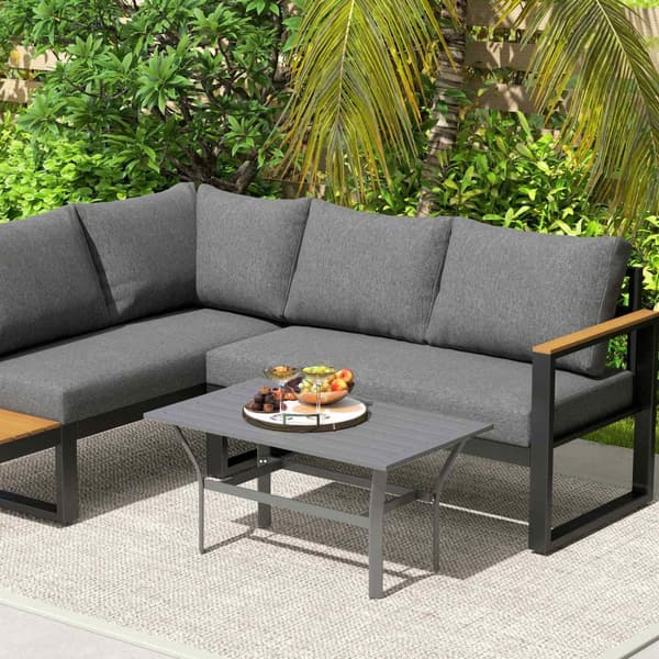 Sidebord metall balkongbord med lamelldesign værbestandig salongbord hagebord lettstelt sofabord utebord til balkong hageterrasse veranda 91,5 x 55 x