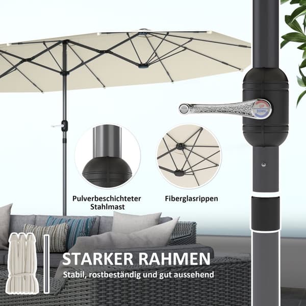 Tupla-aurinkovarjo 436 x 260 cm, UV-suoja teräksinen aurinkovarjo käsikammalla, soikea parveke sateenvarjo Tuulenpitävä Stable Market Sateenvarjo kamp