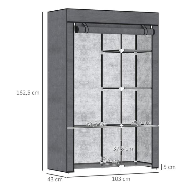 Garderobestoffskap med klesstang, 6 rom, sammenleggbar garderobe i fleecelook, sammenleggbar skap for soverom, gang, mørkegrå, 103 x 43 x 162,5 cm