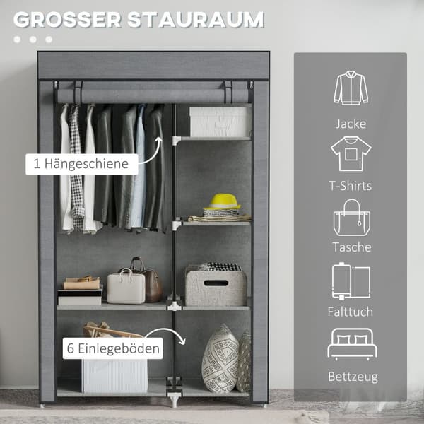 Garderobestoffskap med klesstang, 6 rom, sammenleggbar garderobe i fleecelook, sammenleggbar skap for soverom, gang, mørkegrå, 103 x 43 x 162,5 cm