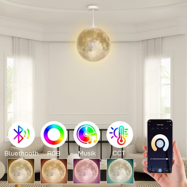 3D Moon Pendel Light Hengelampe med APP-kontroll, Musikk Moon Lamp Ceiling Ceiling Lamp med CCT og RGB fargeendring for kjøkken, spisestue, kremhvit A
