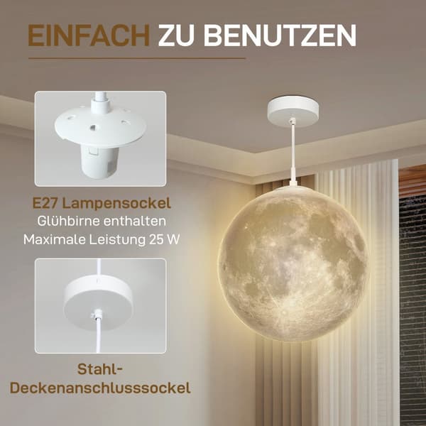 3D Moon Pendel Light Hengelampe med APP-kontroll, Musikk Moon Lamp Ceiling Ceiling Lamp med CCT og RGB fargeendring for kjøkken, spisestue, kremhvit A