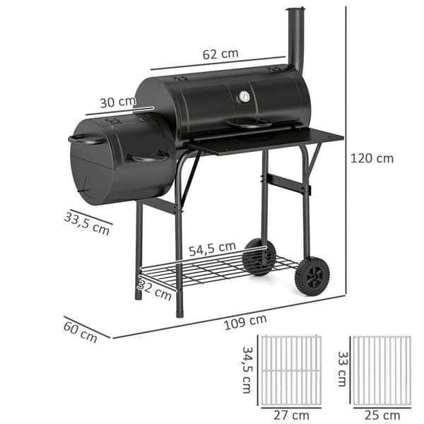 Kolgrill av stål BBQ rökare med lock termometer hjul hylla mobil grillvagn med lufttillförsel kolbricka, kolgrill kolgrillvagn för grillcamping, trädg