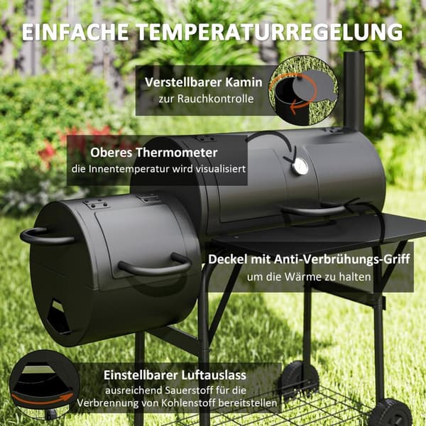 Kolgrill av stål BBQ rökare med lock termometer hjul hylla mobil grillvagn med lufttillförsel kolbricka, kolgrill kolgrillvagn för grillcamping, trädg