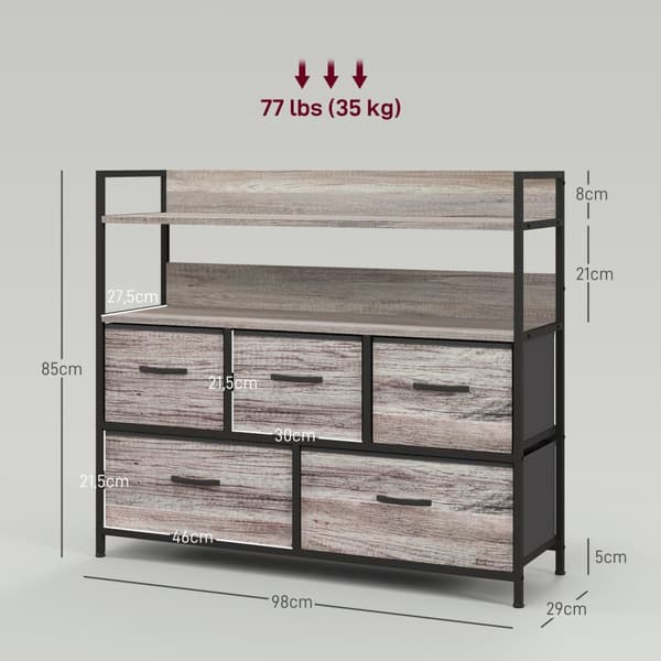 Byrå med 5 lådor Tygförvaringsskåp Byrå med 2 hyllor Stålram Modern Design för Vardagsrum Sovrum Grå Aosom