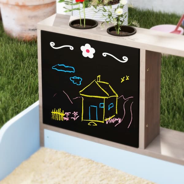 Sandkasse med tak, 90 x 108 cm Sandkasse av tre Sandkasse med benk, tegnebrett, plantekasser, Butikkdesign for 2 barn 3-7 år Blå