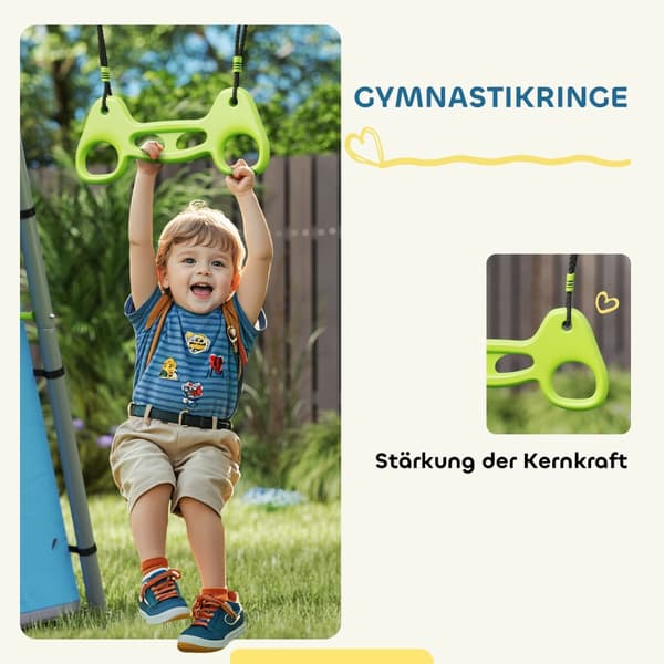 3 i 1 gungställning utomhus gungställning med lektält, gung- och gymnastikringar, barngunga med metallram, trädgårdsgunga för barn grön Aosom