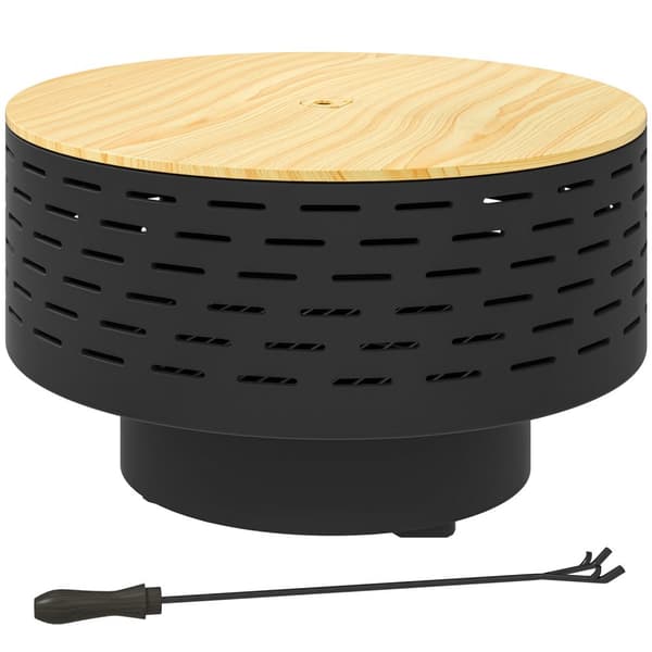 3-i-1 bålskål Ø60 x 39cm laget av rustfritt stål bålpanne med grillrist poker gnistbeskyttelse i trelook bålboller bålkurv for hage, balkongterrasse,