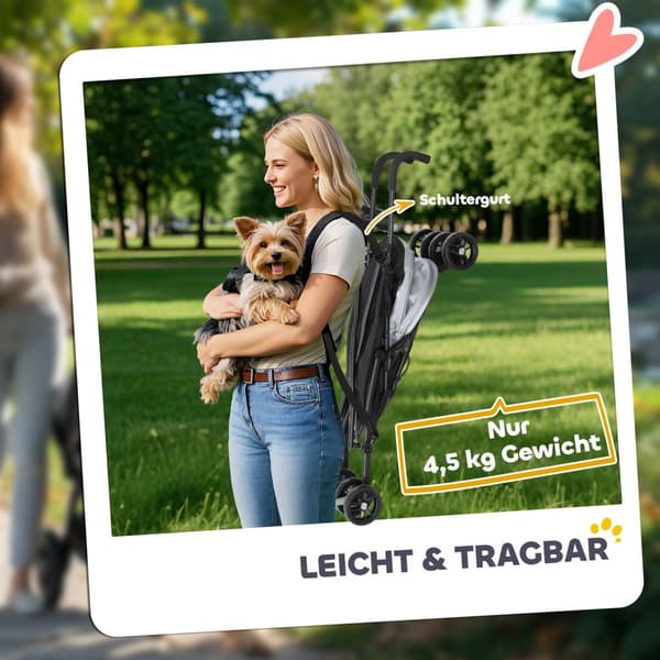 Hundeklapvogn hundevogn foldbar til hunde & katte op til 4 kg kattevogn med meshvinduer, skulderrem, opbevaringstaske, kopholder paraply kattevogn lys