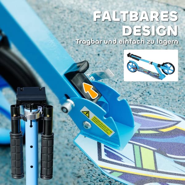 Sparkcykel Barns hopfällbar barnsparkcykel med justerbar styrhöjd, 2 stora hjul, bakre stänkskyddsbroms, sparkskoter för barn från 6-12 år Blå Aosom