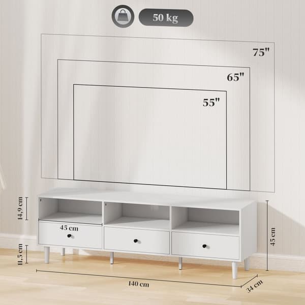 Tv-skab Tv-tavle med skuffer, 3 åbne rum 140 cm lang tv-lowboard med kabelstyring til tv op til 75 tommer tv-bord til stue hvid 140x34x45cm Aosom