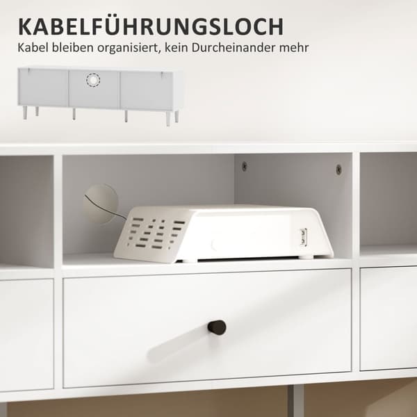 Tv-skab Tv-tavle med skuffer, 3 åbne rum 140 cm lang tv-lowboard med kabelstyring til tv op til 75 tommer tv-bord til stue hvid 140x34x45cm Aosom