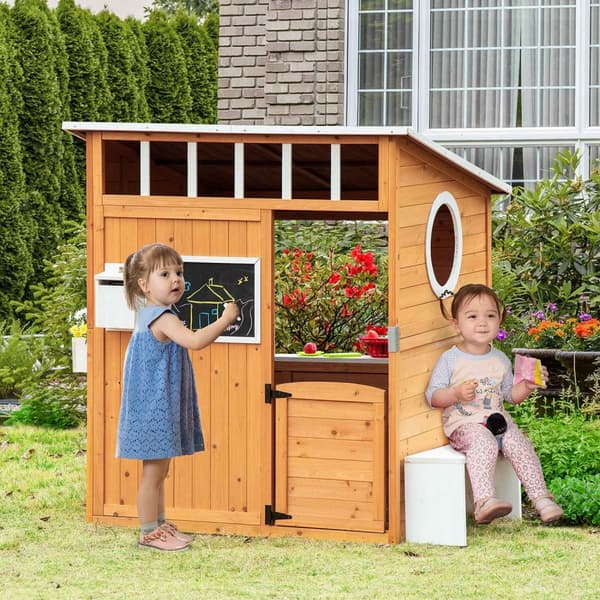 Lekehus for barn Lekehus i tre med vindu Postkasse Utendørs Hage Lekehus med blomsterpottestativ Lekehus i tre for 3-8 år Naturlig grantre 122 x 108 x