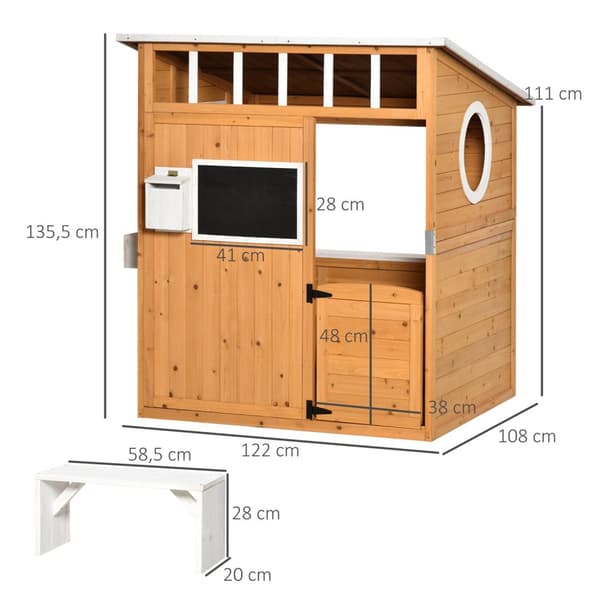 Lekehus for barn Lekehus i tre med vindu Postkasse Utendørs Hage Lekehus med blomsterpottestativ Lekehus i tre for 3-8 år Naturlig grantre 122 x 108 x