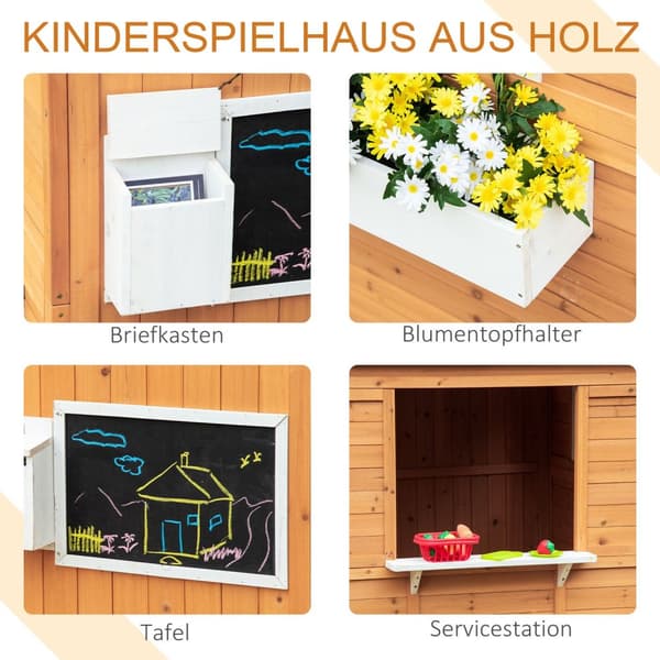 Lekehus for barn Lekehus i tre med vindu Postkasse Utendørs Hage Lekehus med blomsterpottestativ Lekehus i tre for 3-8 år Naturlig grantre 122 x 108 x