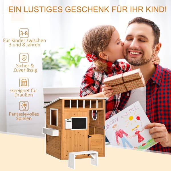 Lekehus for barn Lekehus i tre med vindu Postkasse Utendørs Hage Lekehus med blomsterpottestativ Lekehus i tre for 3-8 år Naturlig grantre 122 x 108 x