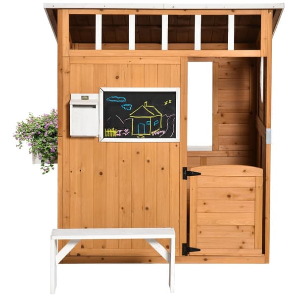 Lekehus for barn Lekehus i tre med vindu Postkasse Utendørs Hage Lekehus med blomsterpottestativ Lekehus i tre for 3-8 år Naturlig grantre 122 x 108 x