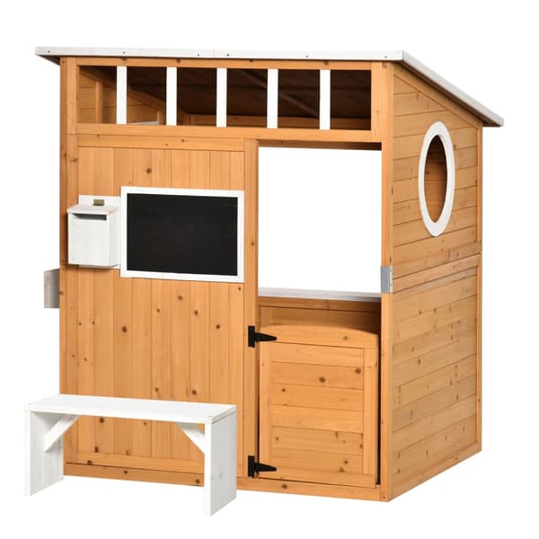 Lekehus for barn Lekehus i tre med vindu Postkasse Utendørs Hage Lekehus med blomsterpottestativ Lekehus i tre for 3-8 år Naturlig grantre 122 x 108 x