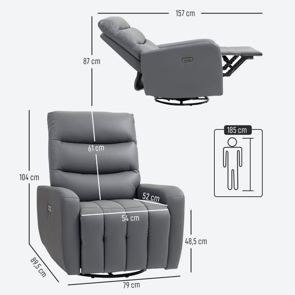 Elektrisk hvilestol TV-stol med hvilefunksjon, gyngefunksjon, USB- og USB-C-porter, roterbar hvilestol med justerbar ryggstøtte, for stue, grå