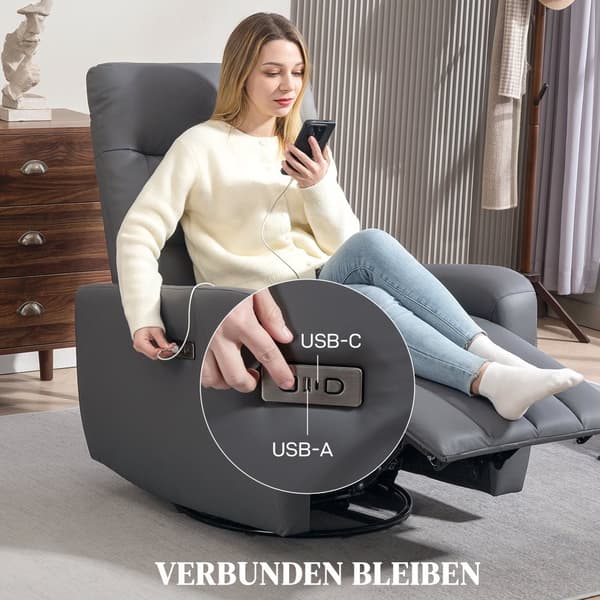 Elektrisk hvilestol TV-stol med hvilefunksjon, gyngefunksjon, USB- og USB-C-porter, roterbar hvilestol med justerbar ryggstøtte, for stue, grå